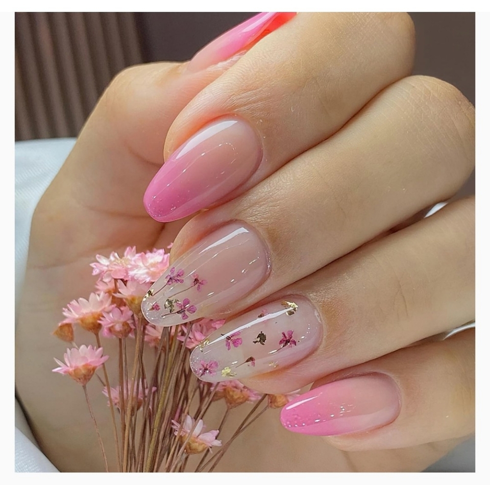 Floral Pink French Full Cover Stick on Nails Almond Glossy Gradient Pink NWT - Picture 1 of 6